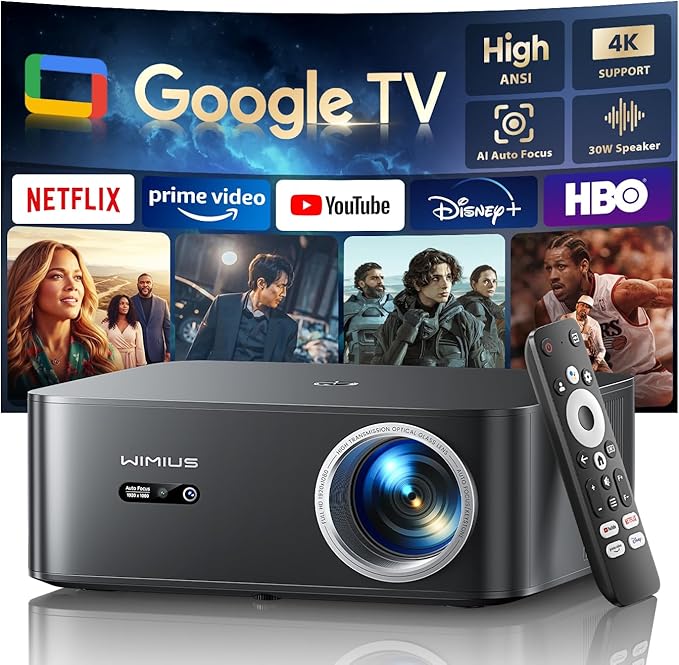 【Official Google TV/4K Supported 】Smart Projector with WiFi & Bluetooth, Outdoor & Home TV Movie Projectors with Voice Control,Auto Focus & Keystone,Compatible with Netflix Proyector WiMiUS K13 Black