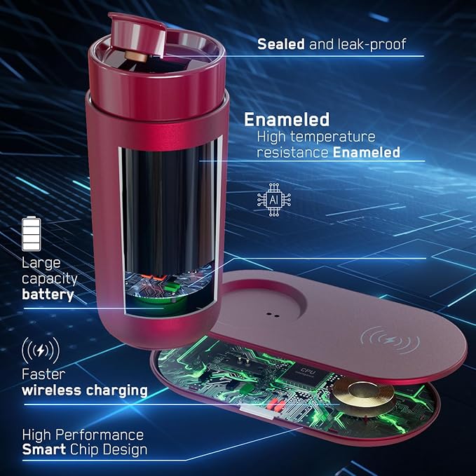 Temperature Control Heated Coffee Mug Smart Self Heating Travel Mug 12 Oz App Controlled Warmer Mug 4-10 Hour LED Display Keep Coffee Hot Fast Wireless Charger Base Rogue red