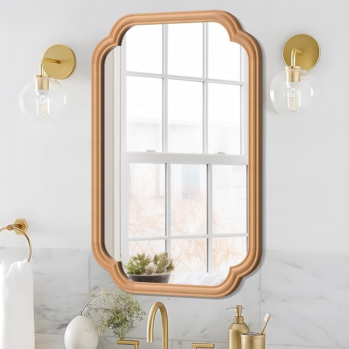 Wood Mirror for Bathroom, 20" x 30" Rectangular Wall Mirror for Bathroom Vanity with Wooden Frame Farmhouse Rounded Corner Wall Mirror Decor (Horizontal/Vertical)