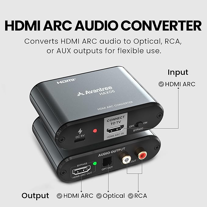 Avantree HAX06 – HDMI ARC Audio Extractor with Passthrough for TV, Soundbar & Headphones Simultaneous Use, CEC Volume Control, Optical & RCA Outputs