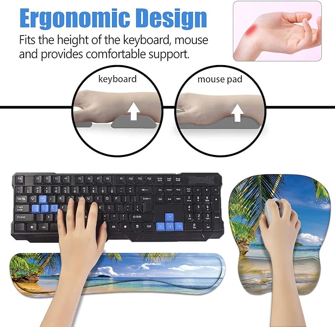 Ergonomic Mouse Pad Wrist Support and Keyboard Wrist Rest Set with Coasters, Non-Slip PU Base, Easy Typing & Pain Relief for Computer Laptop Home Office, Shore Palms Tropical Beach