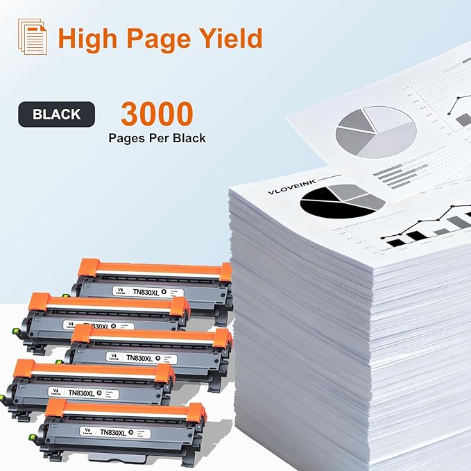 VLOVEINK TN830XL TN830 Toner Cartridge Replacement for Brother TN830XL TN830 XL/V/R 830 XL Toner Cartridge for Brother Printer HL-L2460DW DCP-L2640DW HL-L2405W MFC-L2820DW High Yield, 5 Black