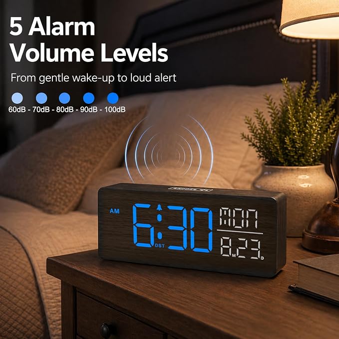 Peakeep Wooden Digital Alarm Clock Large Display, Textured Decoration - Image 6