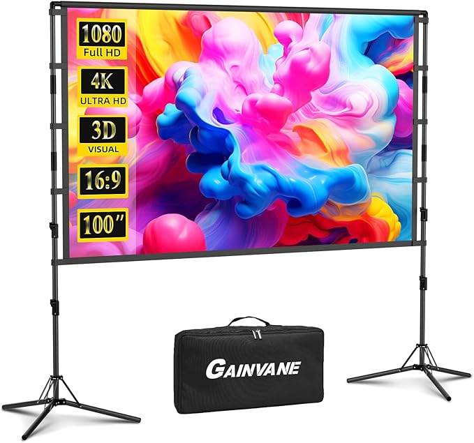 100-Inch Portable Projector Screen with Stand - Indoor Outdoor Movie Screen for Home Theater, Backyard & Classrooms 16:9 4K HD Lightweight Projection Screen Includes Carry Bag for Travel & Camping
