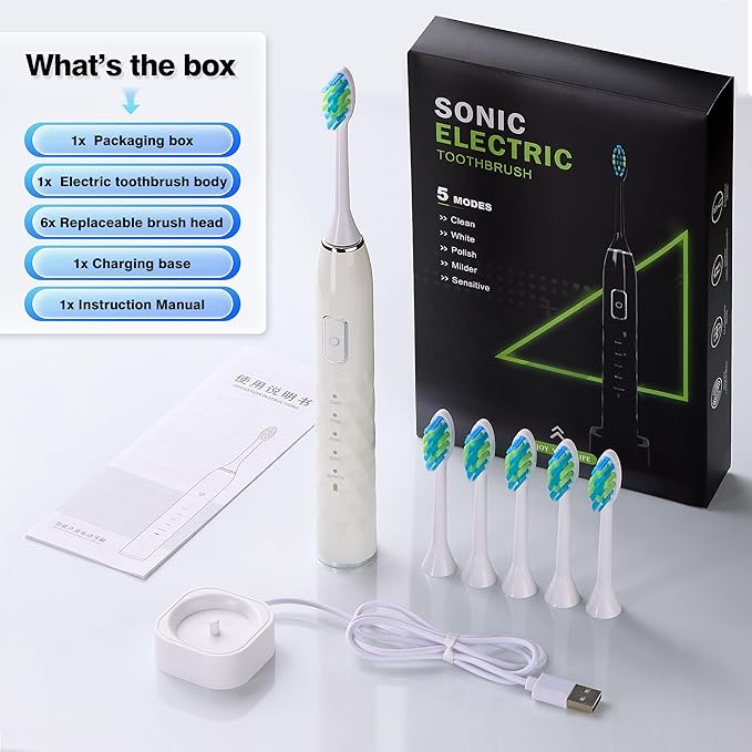 ZUAMEGU Sonic Electric Toothbrush for Adults - Deep Cleaning Teeth Whitening6 Replacement Brush Heads100-Day Battery5 Modes w/SensitiveIPX7 Waterproof (Color Options)