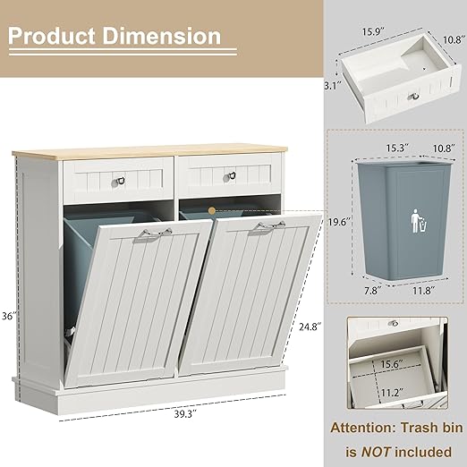 Tilt Out Trash Can Cabinet Dog Proof with Double Wood Hidden Holder, Kitchen Free Standing Recycling Cabinet（White）