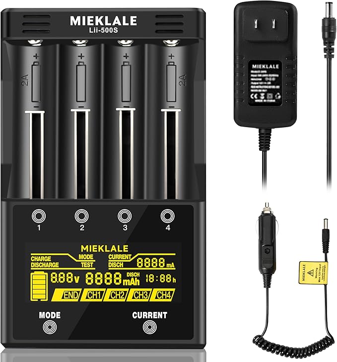 18650 Battery Charger, MIEKLALE 4-Bay Rechargeable Battery Charger with Smart LCD Display, Discharge & Testing Functions for Rechargeable Batteries Li-ion 26650 14500 17500 RCR123,Ni-MH/Cd AA AAA