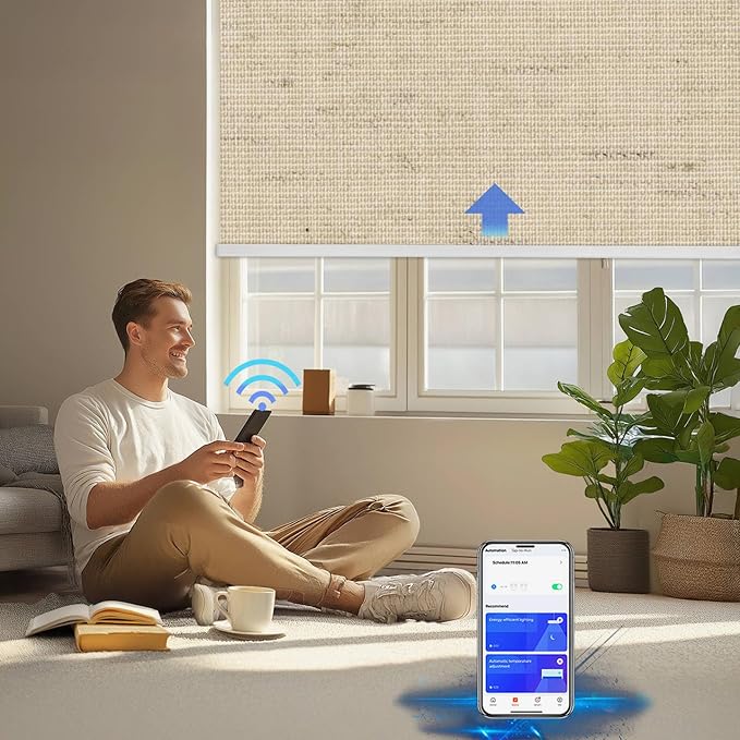 COOLWINDS Motorized Blinds with Remote Cordless Automatic Motorized Shades Custom Blinds for Windows Smart Curtains Compatible with Alexa Google Home(Blackout Linen Soft Dunes,W40 x H72in)