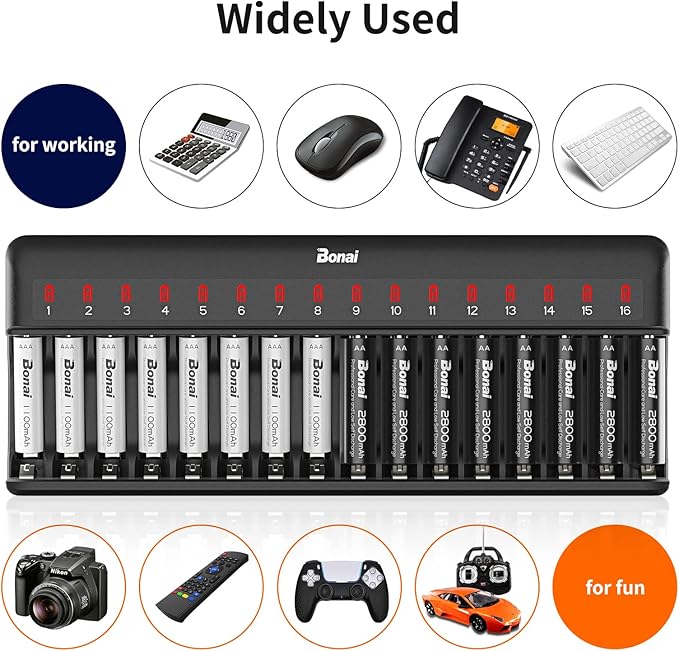 BONAI AA AAA Battery Charger 16 Bay for NiMH Rechargeable Batteries Independent Control with LED Light and Standard American AC Charging Plug, Battery not Included - Black