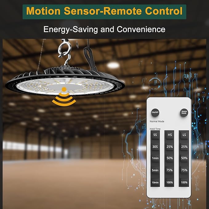 ACOHOOK 300W LED High Bay Light Motion Sensor(Energy Saving), 45000lm Commercial Bay Lights with Remote Control AC100-277V High Bay LED Shop Lights Supports Normal Mode & Motion Mode Switching- 6Pack