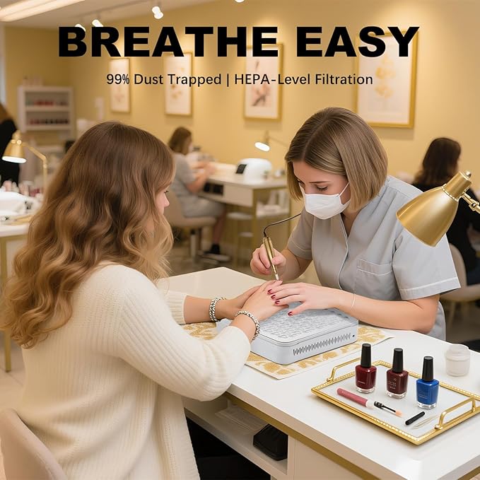 Nail Dust Collector | 1000PA Cordless Nail Dust Collector Nail Tech | 10 Speed Levels | Low Noise & Strong Suction | Reusable Filter, 10 Pads + Nail Dust Brush | for Acrylic Nails, Salon & Home-White