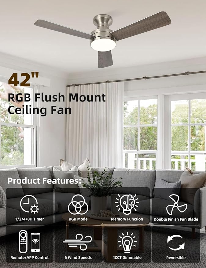 Homlit 42" RGB Ceiling Fan with Light, Music Sync Smart Fan with Alexa/Google/App Control, Low Profile Flush Mount, 6-Speed Quiet DC Motor, 4 CCT Dimmable Lighting for Bedroom Living Room