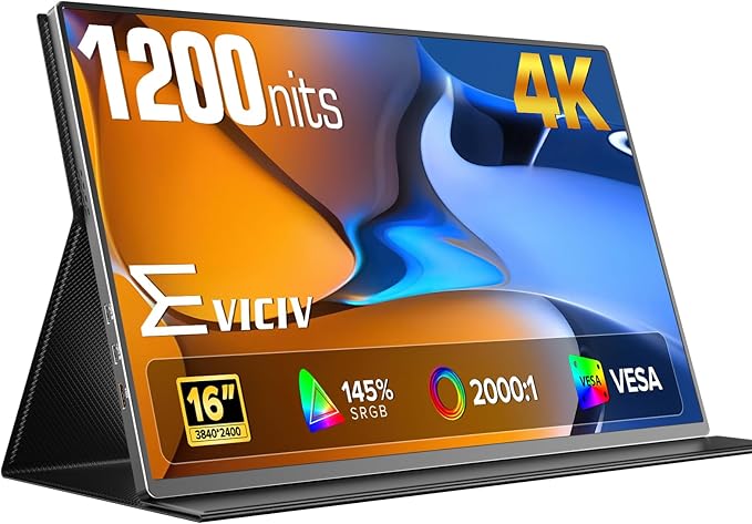 EVICIV Portable Monitor 4K 1200 Nits, 16" Laptop Monitor, 3840 * 2400 UHD, 1MS FreeSync, 2000:1 Contrast, USB-C & HDMI, VESA & Smart Case, Travel Second Screen for Computer, Mini PC, Game Consoles