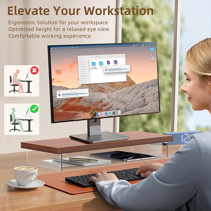 SSWOOD Monitor Stand Riser, Wood & Acrylic Computer Monitor Stand Desk Desktop Organizer Table For Home, Office Workspace, Laptop Riser, Printer, PC & TV Screen Riser