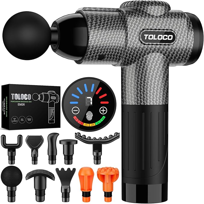 TOLOCO Massage Gun, Deep Tissue Back Massage for Athletes for Pain Relief, Percussion Massager with 10 Massages Heads & Silent Brushless Motor, Christmas Gifts for Women, Men, Carbon