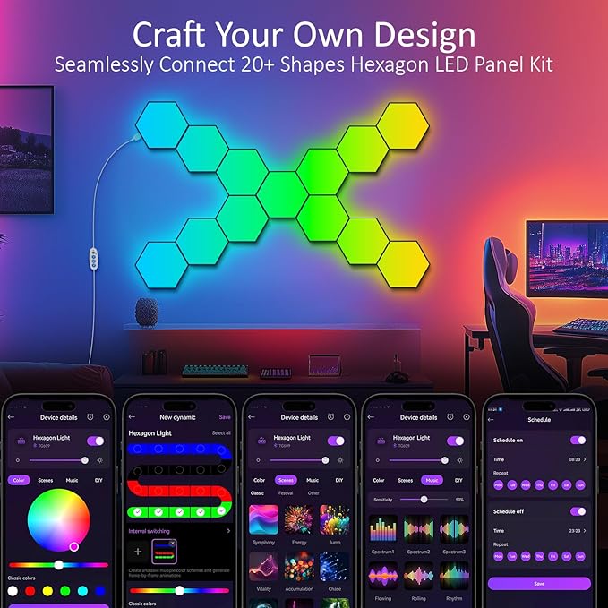 JIMIMORO Big Hexagon LED Light - 8 Pack Smart RGB Hexagon LED Panels Wall Lights with APP & Remote Control Cool Music Sync Gaming Lights for Living Room, Bedroom, Gaming Room, Kids, Adults