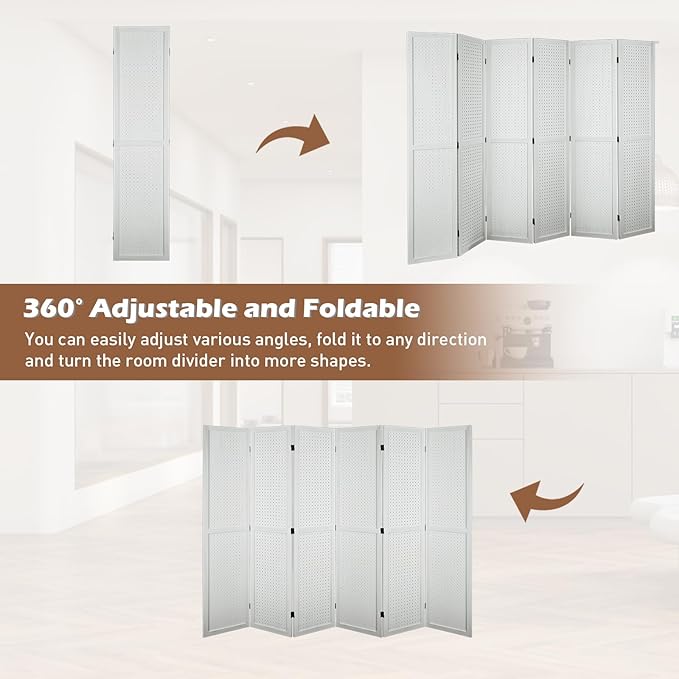 ECOMEX 6 Panel Room Divider, 5.6Ft Pegboard Display Wooden Room Divider Folding Privacy Screen Room Divider Freestanding Peg Board Display for Trade Show Craft Show Home Wall Organizer, Elegant White