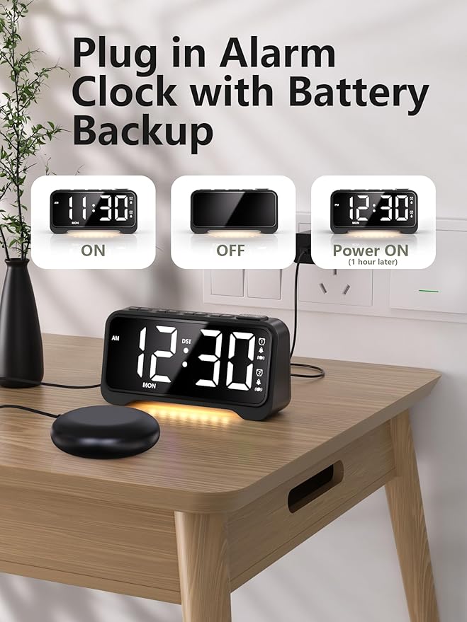 Vibrating Alarm Clock for Heavy Sleepers with Bed Shaker, Extra Loud Buzzer, Dual Alarms, Adjustable Night Light, USB Charging, Battery Backup, for Seniors, Teens, Hearing Impaired