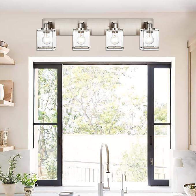 WINSHEN 4-Lights Bathroom Vanity Light Fixtures in Brushed Nickel, E26 Socket Wall Sconce Lighting Fixtures with Clear Glass Shades for Over Mirror Bedroom Living Room Cabinet