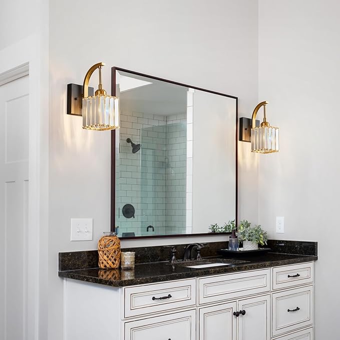 FDPBY Wall Sconces, Set of 2 Black Gold Crystal Vanity Lights, Modern Wall Lamp for Bathroom, Hallway, and Makeup, Easy Installation