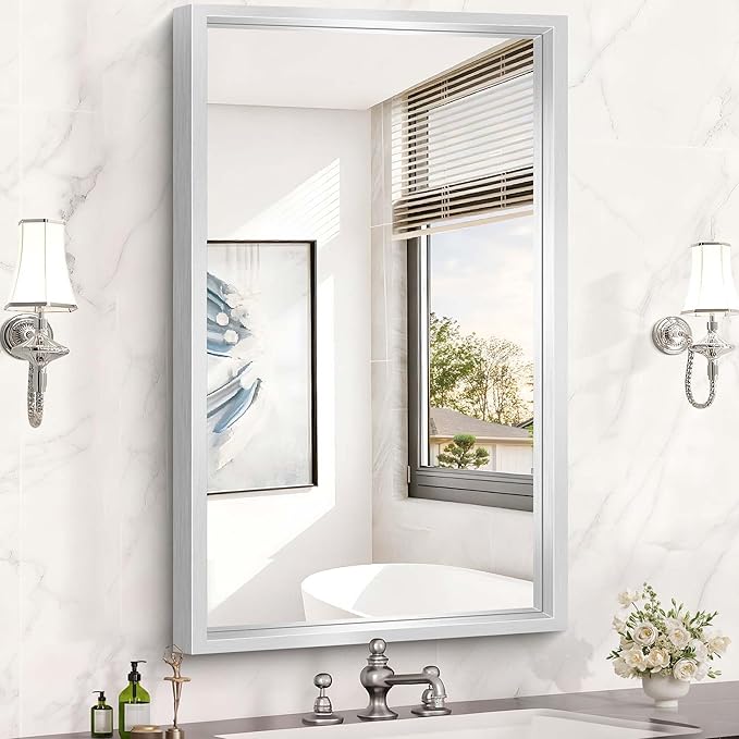 40x24 Silver Bathroom Mirror, Brushed Silver Rectangular Mirror for Wall, 0.6" Thickened Deep Frame Mirrors for Bathroom Sink, Shatterproof Tempered Glass, Antirust, Horizontally or Vertically