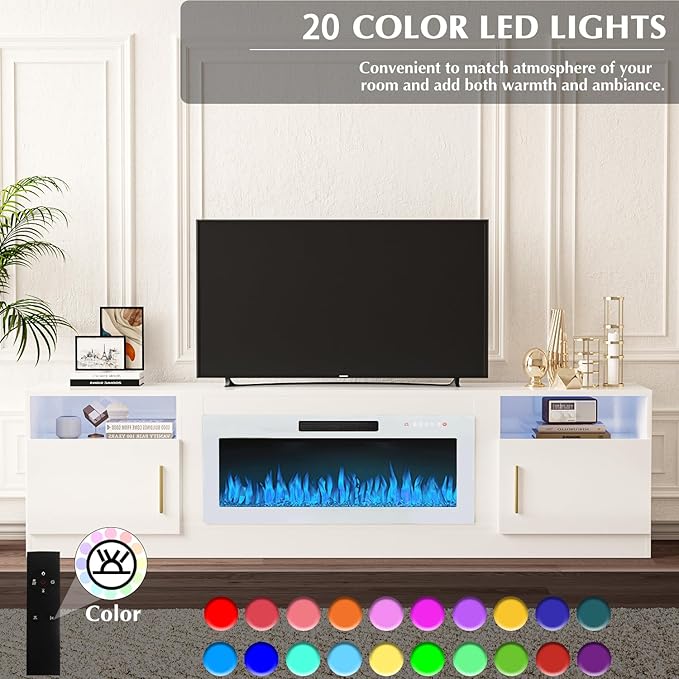 VITESSE TV Stand Fireplace with 36" inch Electric Fireplace Up to 90" TVs, LED Light Entertainment Center, 80" Modern Wood High Gloss with Highlight Storage Cabinet for Living Room (White)