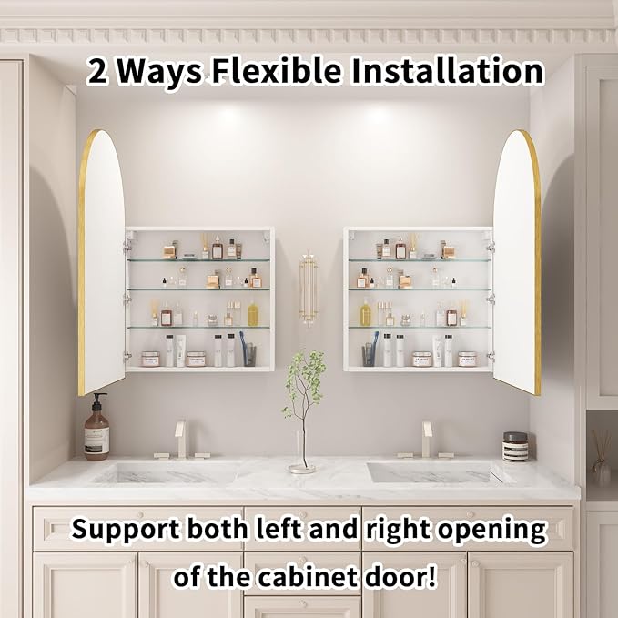 Gold Medicine Cabinet with Mirror,Bathroom Arched Medicine Cabinet Wall Mounted,Modern Vanity Mirror with Storage,Bathroom Storage Cabinet with Adjustable Shelves,Not Recessed,24x36 Inch