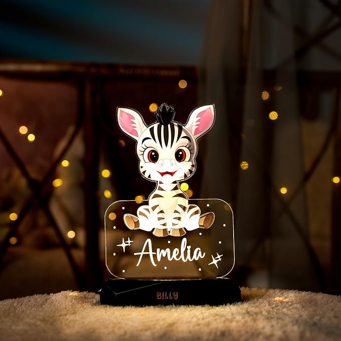 hun concept Personalized Kids Zebra Night Light – Custom Name LED Lamp for Nursery, Baby Room & Bedroom, Cute Animal Acrylic Night Lamp with Wooden Base, Unique Birthday & Christmas Gift for Children