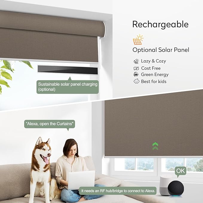 ZSHINE Motorized Blackout Window Blinds Customize Width (23-95 Inches) Remote Control Wireless and Rechargeable Roller Shades Blinds for Windows, Home, Office, Hotel, Club, Restaurant(82010E Bronze)