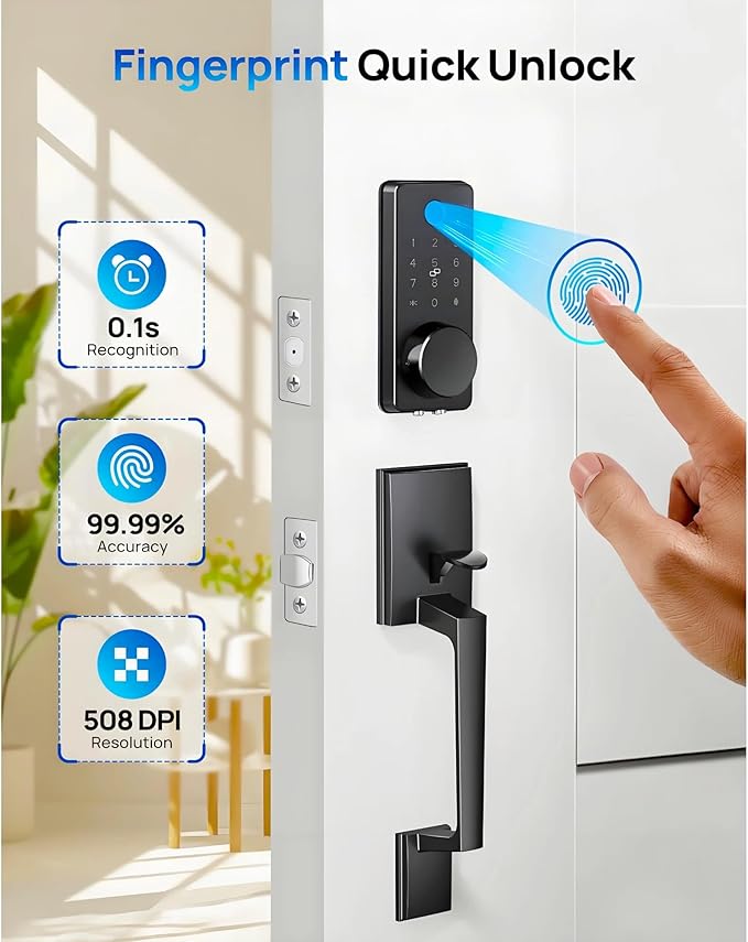 Smart Keyless Entry Door Lock Set w/Front Door Handle, 0.1s Fingerprint Biometric Unlock, APP/Passcodes/Cards Control, Auto Lock Keypad Deadbolt, Easy Install for Entry Bedroom