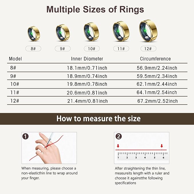 RIFESI Smart Ring for Women Men, Fashion Minimalist Fitness Ring & Sleep Tracker Ring with Heart Rate, Blood Pressure,5ATM Waterproof Health Ring,Gifts for Women Men Gift,No Subscription (10,Gold)