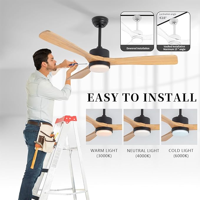 revoici 52” Ceiling Fans with Lights Remote Control, Quiet DC Motor 3 Blade Wood Ceiling Fan with LED Light, Indoor Outdoor Ceiling Fans for Patio Living Room, Bedroom, Office