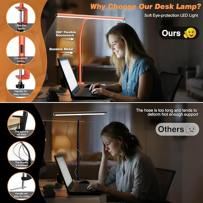 Airlonv LED Desk Lamp for Office Home, Eye-Caring Desk Light with Stepless Dimming Adjustable Flexible Gooseneck, 10W USB Adapter Desk Lamp with Clamp for Reading, Study, Workbench (Orange)