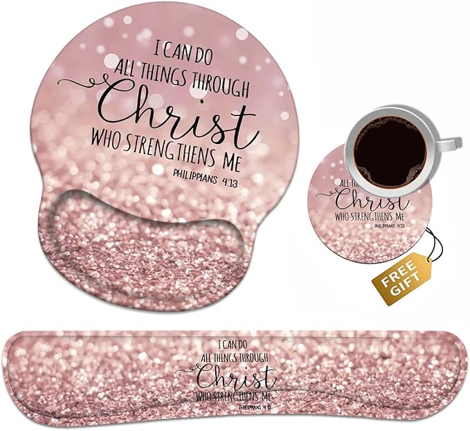 Keyboard Wrist Rest + Mouse Pad Wrist Support Set with Coasters, Non-Slip PU Base Ergonomic Mousepad for Home Office Working Studying Easy Typing & Pain Relief, Bible Verse Philippians 4-13