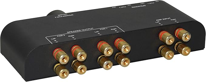 XtremPro 2 Way Speaker Switch, 1 in 2 Out Way Pair Stereo Speaker Selector W/Volume Control Metal Non-Slip Box - Black (61052), 9.0 x 3.25 x 1.5