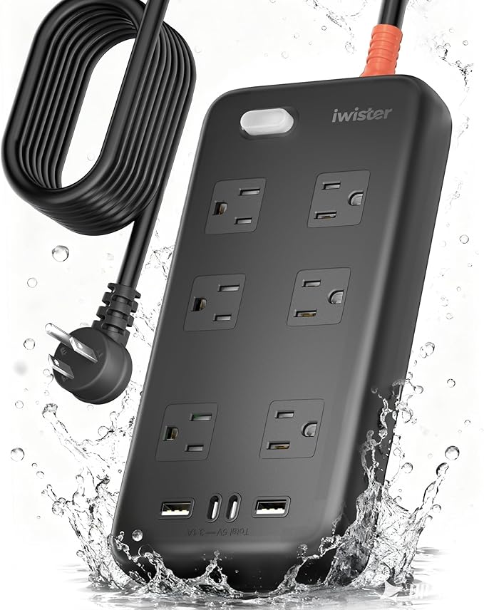 Iwister Outdoor Power Strip Weatherproof IPX6,Iwister 15 Ft Extension Cord,4 USB Ports & 6 Wide Outlets for Multiple Devices,Wall Mountable for Yard,Workshop,Poolside,RV Camping,Black