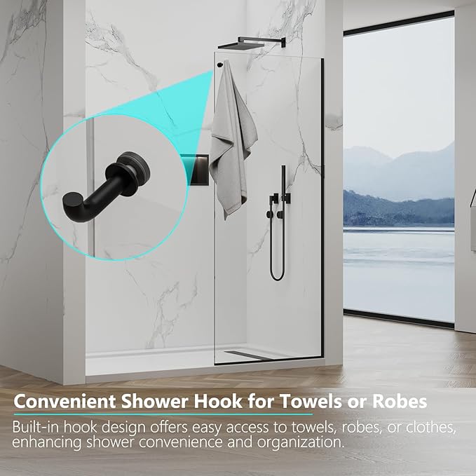 Shower Screen,32" W * 76" H Single Shower Glass Panel, 3/8"(10mm) Tempered Glass, Shower Wall Panels, Fix Shower Glass Screen for Bathroom - Matte Black