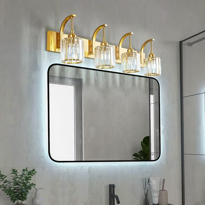 FDPBY 4-Light Crystal Vanity Light, Modern Gold Bathroom Wall Sconce with K9 Crystal Shades, 32.67" Long Over Mirror Lighting for Vanity, Makeup, Hallway, Elegant & Easy Install
