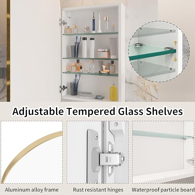 Arched Medicine Cabinet with Mirror Left or Right Opening,Bathroom Medicine Cabinet Wall Mounted,Bathroom Mirror with Storage and Adjustable Shelves,15.7x29.5 Not Recessed,Gold
