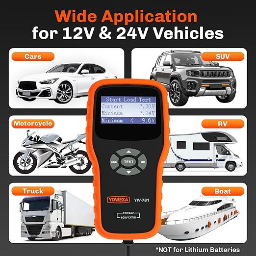 YOWEXA YW-781 Car Battery Tester 12V 24V, Automotive Battery Load Tester and Alternator Analyzer, 100–2000 CCA, 30–200Ah Battery Analyzer for Cars Trucks SUVs RVs Golf Carts
