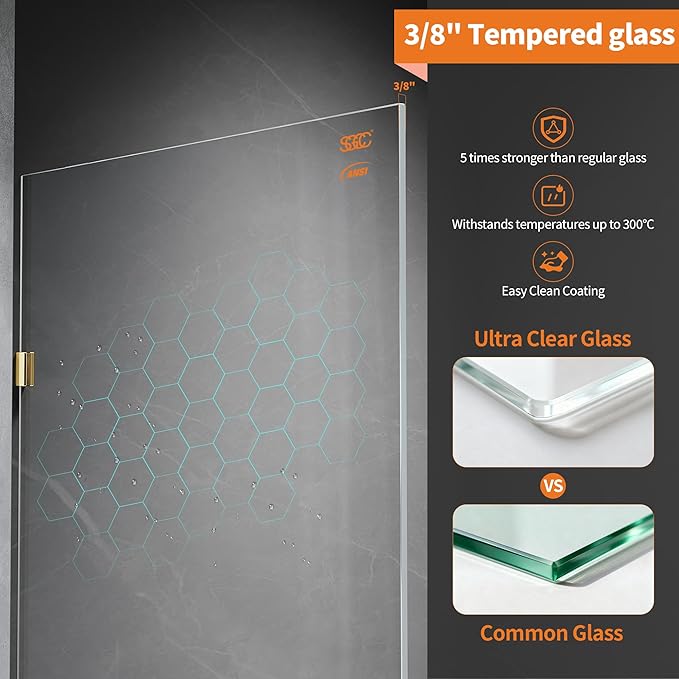 Shower Glass Panel, 36" W x 78.75" H Fixed Shower Screen Panel with 3/8"(10mm) SGCC Ultra Clear Tempered Glass, Frameless Walk in Shower Door with Easy‑Clean Coating (Bright Gold, 36" W x 78.75" H)