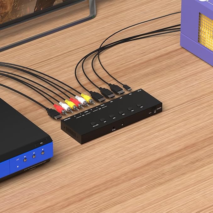 5 in to 1 Out RCA/HDMI Switcher，3 Way HDMI 2.0 + 2 RCA to HDMI Converter, Support 4:3/16:9 4K and 3D for PS1/2/3/4/5, N64, SNES, Switch, DVD, Roku, etc.