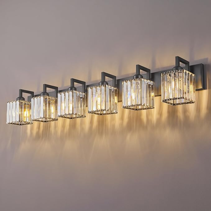 FDPBY Black Bathroom Light Fixture, 6-Light Crystal Vanity Lighting, Bathroom Lighting Fixtures Over Mirror, Modern Crystal Wall Lamp