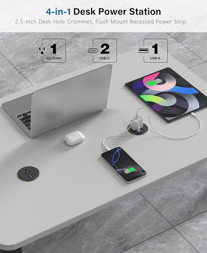 2.5 inch Power Grommet,20W USB-C Charging,1 Outlet with 2 USB C,1 USB Port,Furniture Flush Mount for Desktop,Recessed Power Strip,Workspace Essential Desk Outlet,2PCS (Black, 2 PCS-6FT Cord)