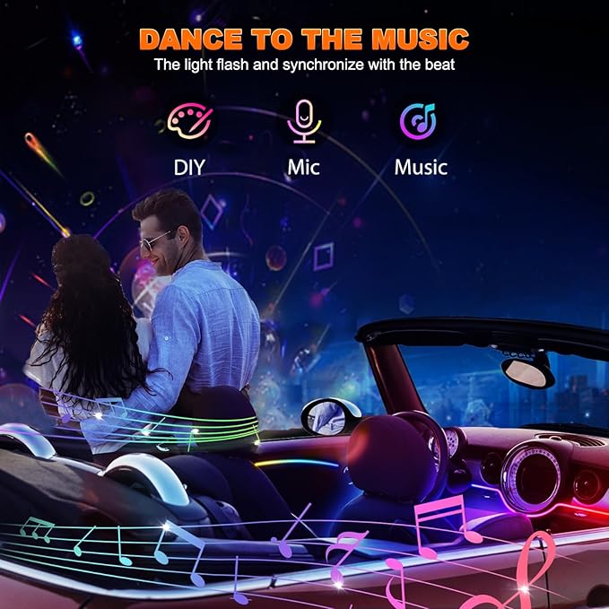 Jushope Acrylic LED Lights - Interior Car Ambient Lighting Kits with Dynamic Rainbow Dream Color Chasing, Music Sync (10 in 1(4*29.5+43.3+14.5 inches+4 Footwell Lights))