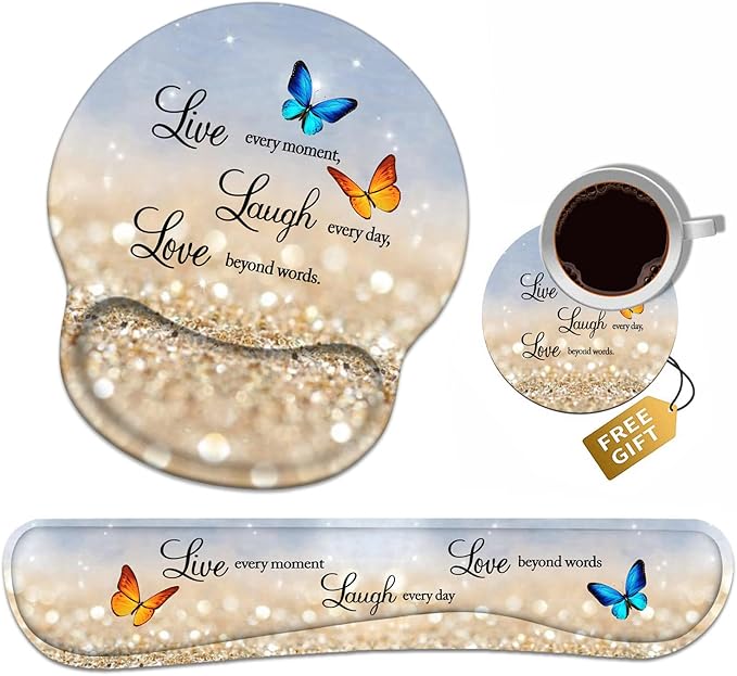 Keyboard Wrist Rest + Mouse Pad Wrist Support Set with Coasters, Non-Slip PU Base Ergonomic Mousepad for Home Office Working Studying Easy Typing & Pain Relief, Glitter Quote Live Laugh Love