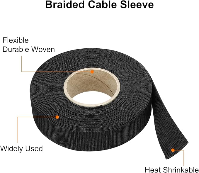 MECCANIXITY Braided Cable Sleeves Heat Shrinkable Fabric Sleeving, 7/8" 40ft Black 2:1 Ratio Heat Shrinkable Cord Protector for Harness Cable, Network Cable Protection, Cable Management
