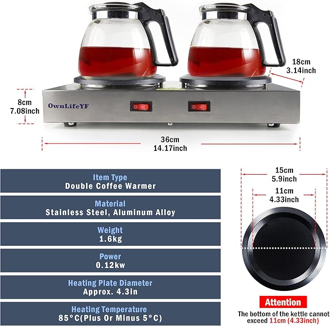 Commercial Double Coffee Carafe Warmer, Stainless Steel, 2 Burners Decanter Warmer Plate,Suitable for Café, Break Room, Buffet, Event and Commercial Use (US Plug 110V)