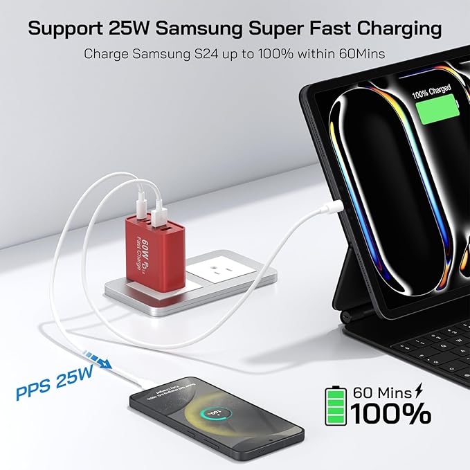 2Pack USB C Fast Charger Block, Total 60W 5-Port USB C Wall Charger 30W Type C Charging Block, 2USB C+3USB A PD 3.0 Multiport Charging Cube for iPhone 17 16 15 14 Pro Max, G-alaxy S25 S24 Ultra, i Pad