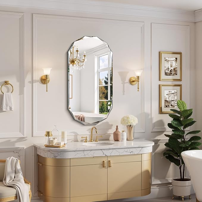 GLASHOM Beveled Edge Frameless Bathroom Mirror, Oval Wall Mirror for Over Sink, 20" x 40" Modern Decorative Vanity Mirror for Bedroom, Living Room,Entryway, Hanging Mirror Horizontal or Vertical